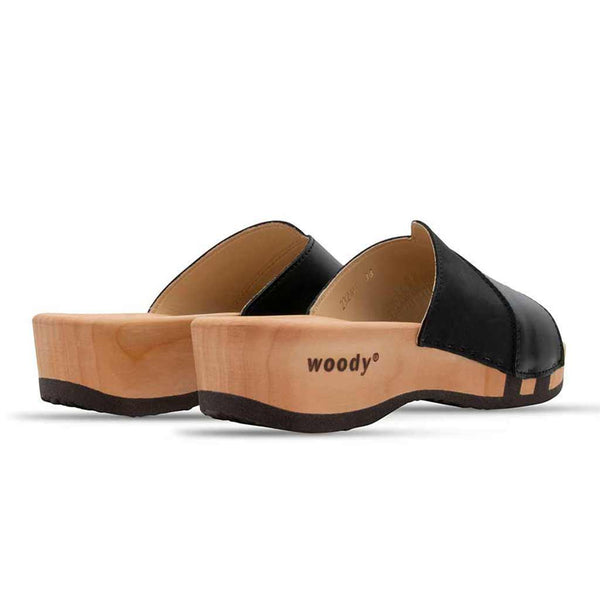 [Nero-Schwarz] Lucy Damen Clog Pantolette, farbe: nero-schwarz, clogs pantoletten damen mit biegsamer nachhaltiger weidenholzsohle, holzclogs woody, woody schuhe, woody shoes, handgemachte holzschuhe aus österreich, kärnten