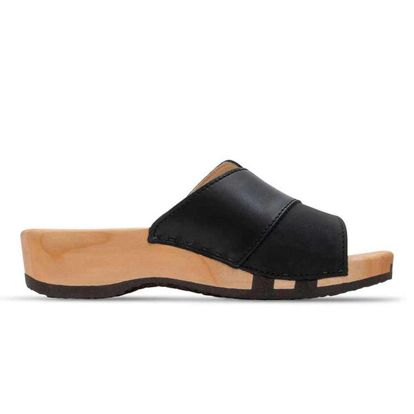 [Nero-Schwarz] Lucy Damen Clog Pantolette, farbe: nero-schwarz, clogs pantoletten damen mit biegsamer nachhaltiger weidenholzsohle, holzclogs woody, woody schuhe, woody shoes, handgemachte holzschuhe aus österreich, kärnten