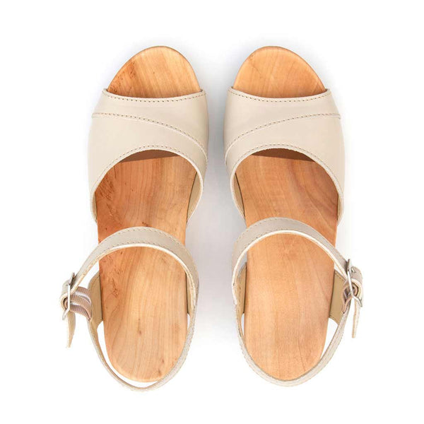 [Creme] Yara Damen Clog Sandalette mit biegsamer nachhaltiger holzsohle, der bestseller, farbe: creme, holzclogs woody, woody schuhe, woody shoes, handgemachte holzschuhe aus österreich, kärnten, blumenfeld
