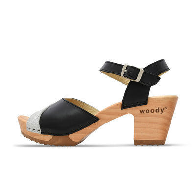 [Schwarz-Silber Glitzer] Yara Damen Clog Sandalette – "Glam Line" elegant, mit biegsamer Sohle – Farbe: Schwarz-Silber Glitzer
