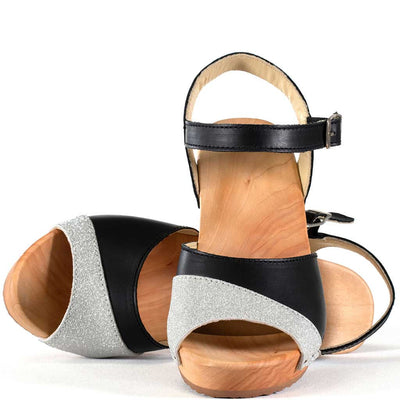 [Schwarz-Silber Glitzer] Yara Damen Clog Sandalette – "Glam Line" elegant, mit biegsamer Sohle – Farbe: Schwarz-Silber Glitzer