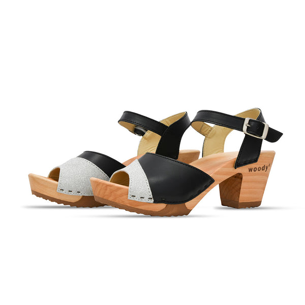 [Schwarz-Silber Glitzer] Yara Damen Clog Sandalette – "Glam Line" elegant, mit biegsamer Sohle – Farbe: Schwarz-Silber Glitzer