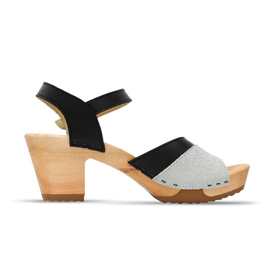 [Schwarz-Silber Glitzer] Yara Damen Clog Sandalette – "Glam Line" elegant, mit biegsamer Sohle – Farbe: Schwarz-Silber Glitzer