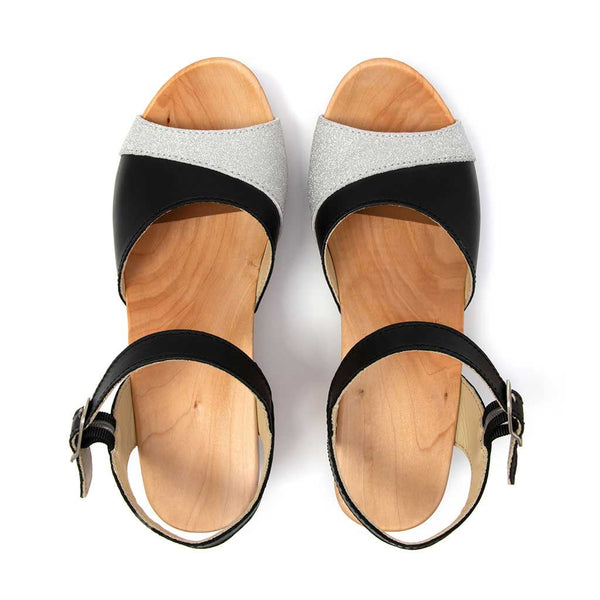 [Schwarz-Silber Glitzer] Yara Damen Clog Sandalette – "Glam Line" elegant, mit biegsamer Sohle – Farbe: Schwarz-Silber Glitzer