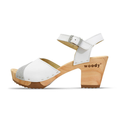 [Weiss-Silber Glitzer] Yara Damen Clog Sandalette – "Glam Line" elegant, mit biegsamer Sohle – Farbe: Weiss-Silber Glitzer