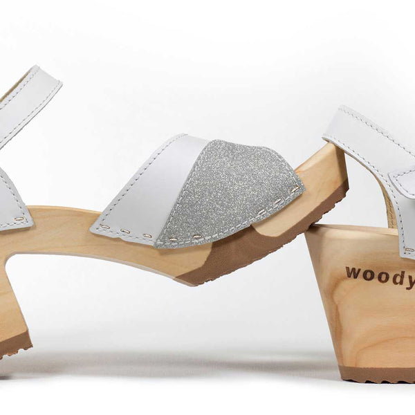 [Weiss-Silber Glitzer] Yara Damen Clog Sandalette – "Glam Line" elegant, mit biegsamer Sohle – Farbe: Weiss-Silber Glitzer