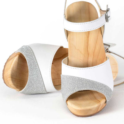 [Weiss-Silber Glitzer] Yara Damen Clog Sandalette – "Glam Line" elegant, mit biegsamer Sohle – Farbe: Weiss-Silber Glitzer