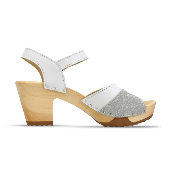 [Weiss-Silber Glitzer] Yara Damen Clog Sandalette – "Glam Line" elegant, mit biegsamer Sohle – Farbe: Weiss-Silber Glitzer