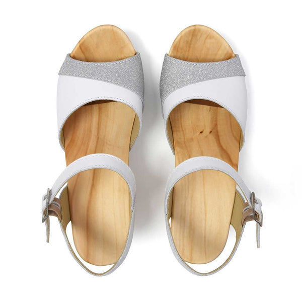 [Weiss-Silber Glitzer] Yara Damen Clog Sandalette – "Glam Line" elegant, mit biegsamer Sohle – Farbe: Weiss-Silber Glitzer