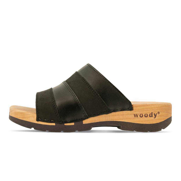 [Nero-Schwarz]Yvonne Damen Clog Pantolette, farbe: nero-schwarz, clogs pantoletten damen mit biegsamer nachhaltiger weidenholzsohle, holzclogs woody, woody schuhe, woody shoes, handgemachte holzschuhe aus österreich, kärnten