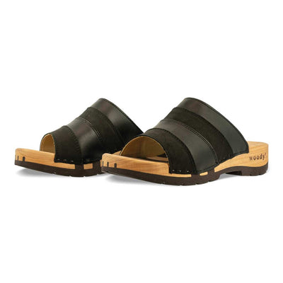 [Nero-Schwarz]Yvonne Damen Clog Pantolette, farbe: nero-schwarz, clogs pantoletten damen mit biegsamer nachhaltiger weidenholzsohle, holzclogs woody, woody schuhe, woody shoes, handgemachte holzschuhe aus österreich, kärnten