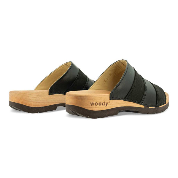 [Nero-Schwarz]Yvonne Damen Clog Pantolette, farbe: nero-schwarz, clogs pantoletten damen mit biegsamer nachhaltiger weidenholzsohle, holzclogs woody, woody schuhe, woody shoes, handgemachte holzschuhe aus österreich, kärnten