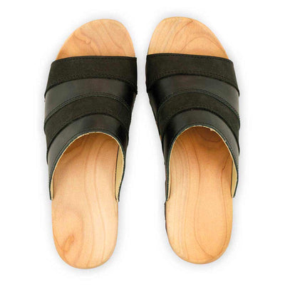 [Nero-Schwarz]Yvonne Damen Clog Pantolette, farbe: nero-schwarz, clogs pantoletten damen mit biegsamer nachhaltiger weidenholzsohle, holzclogs woody, woody schuhe, woody shoes, handgemachte holzschuhe aus österreich, kärnten