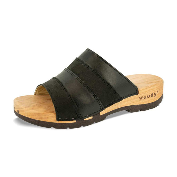 [Nero-Schwarz]Yvonne Damen Clog Pantolette, farbe: nero-schwarz, clogs pantoletten damen mit biegsamer nachhaltiger weidenholzsohle, holzclogs woody, woody schuhe, woody shoes, handgemachte holzschuhe aus österreich, kärnten