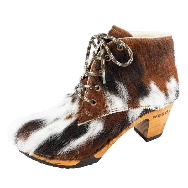 [Fell Natur] Betty Damen Fell Clog Ankle Boots mit biegsamer nachhaltiger holzsohle, farbe: fell natur (tricolore), holzclogs woody, woody schuhe, woody shoes, handgemachte holzschuhe aus österreich, kärnten