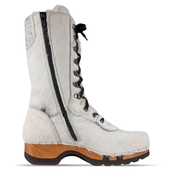 [Weiss Fell] Rosanna Fell Damen Clog Stiefel weiss. stiefel, winterclog, winterclogs. damenstiefel clogs weiss. damen fellschuhe bestellen, fellclogs, weisse fellstiefel mit holzschuhe, holzclogs fell weiss kaufen.