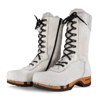 [Weiss Fell] Rosanna Fell Damen Clog Stiefel weiss. stiefel, winterclog, winterclogs. damenstiefel clogs weiss. damen fellschuhe bestellen, fellclogs, weisse fellstiefel mit holzschuhe, holzclogs fell weiss kaufen.