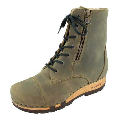 [Olivia] Herta Damen Clog Stiefelette mit biegsamer nachhaltiger holzsohle, farbe: olivia, holzclogs woody, woody schuhe, woody shoes, handgemachte holzschuhe aus österreich, kärnten