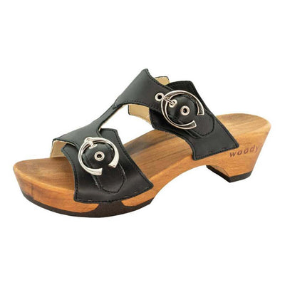 [Schwarz] Leonie Damen Clog Pantolette mit schnallen und biegsamer nachhaltiger holzsohle, farbe: schwarz, holzclogs woody, woody schuhe, woody shoes, handgemachte holzschuhe aus österreich, kärnten