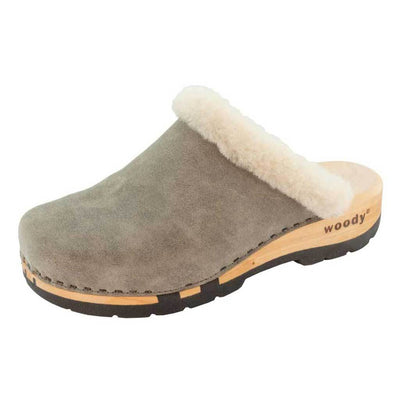[Sand] Marie gefütterter Damen Clog, gefütterter damen clog mit biegsamer nachhaltiger holzsohle, lammfellfutter und kragen, farbe: sand, holzclogs woody, woody schuhe, woody shoes, handgemachte holzschuhe aus österreich, kärnten