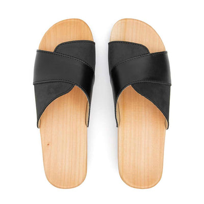 [Nero-Schwarz] Lucy Damen Clog Pantolette, farbe: nero-schwarz, clogs pantoletten damen mit biegsamer nachhaltiger weidenholzsohle, holzclogs woody, woody schuhe, woody shoes, handgemachte holzschuhe aus österreich, kärnten