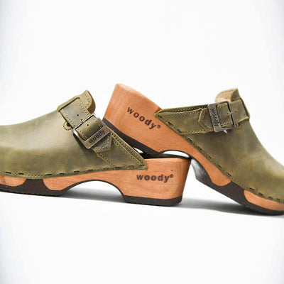 [Olivia] Manu Damen Clog mit biegsamer nachhaltiger holzsohle, der bestseller, farbe: kiwi-gruen, holzclogs woody, woody schuhe, woody shoes, handgemachte holzschuhe aus österreich, kärnten