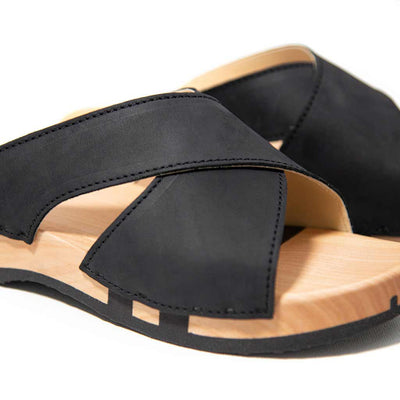 [Nero] Mila Damen Clog Pantolette mit biegsamer nachhaltiger weidenholzsohle, holzclogs woody, woody schuhe, woody shoes, handgemachte holzschuhe aus österreich, kärnten, farbe: nero (schwarz)