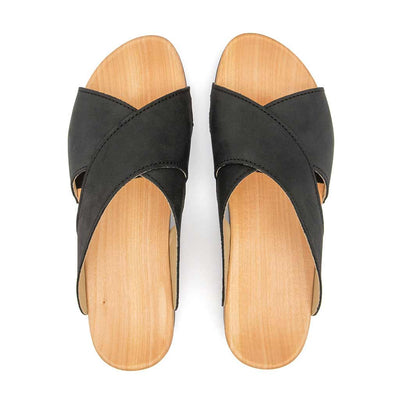 [Nero] Mila Damen Clog Pantolette mit biegsamer nachhaltiger weidenholzsohle, holzclogs woody, woody schuhe, woody shoes, handgemachte holzschuhe aus österreich, kärnten, farbe: nero (schwarz)