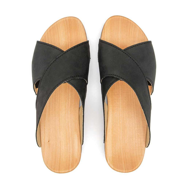 [Nero] Mila Damen Clog Pantolette mit biegsamer nachhaltiger weidenholzsohle, holzclogs woody, woody schuhe, woody shoes, handgemachte holzschuhe aus österreich, kärnten, farbe: nero (schwarz)